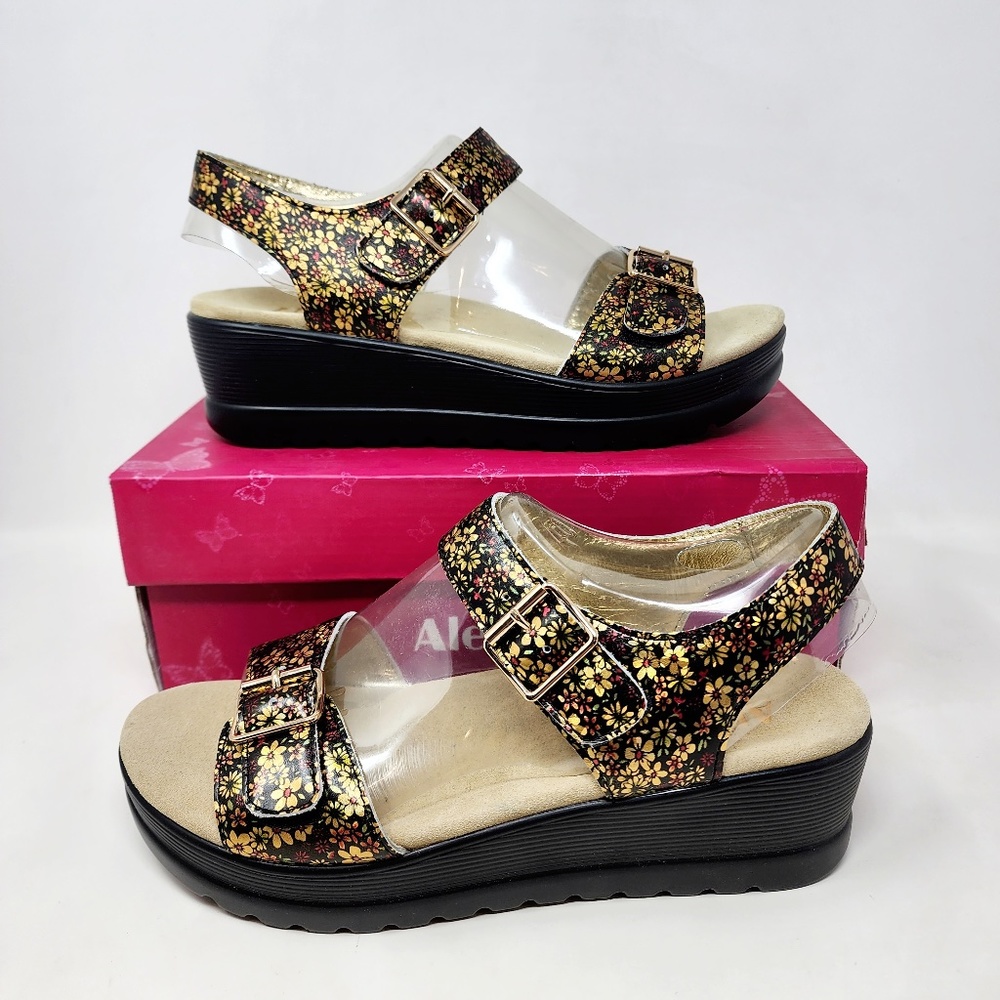 Alegria Morgyn Pretty Things Leather Floral Strap Wedge Sandals